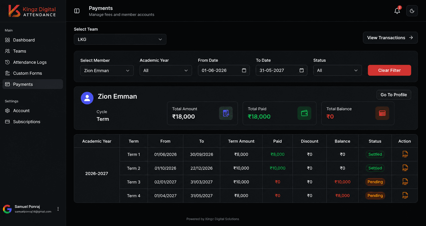 Payments and billing management screen